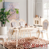 欧式餐桌 实木雕花精致描银餐桌 象牙白田园风格长方形饭桌椅组合