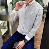 韩版秋季青年男士长袖衬衫英伦风修身型时尚条纹薄款学生衬衣男潮