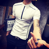 2016夏季新款英伦立领男T恤拉链装饰弹力T恤韩版修身男士短袖T恤