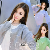 韩国2016春秋冬装新款宽松长袖加厚开衫毛衣针织衫外套女短款圆领