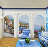 地中海风格壁纸 卧室背景墙客厅3D立体墙纸城堡油画 无缝大型壁画