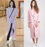 2016春季新款高圆圆明星同款韩版修身粉色羊毛呢大衣长款显瘦外套