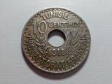 法属突尼斯1918年10分中圆孔镍青铜币21mm非流通外国硬币钱币收藏
