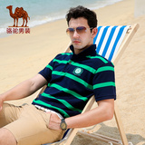 Camel/骆驼男装 短袖T恤夏季休闲男士纯棉商务polo衫直筒条纹T恤