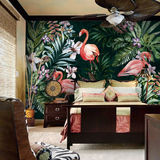 手绘田园墙纸绿色 客厅餐厅电视背景墙壁纸 东南亚热带雨林壁画