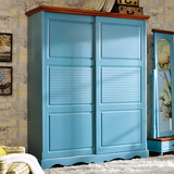 趟门衣柜2门美式地中海风格实木衣柜推拉门 吊滑移门蓝色大衣柜