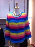 2014欧洲站新款女装彩虹色条纹貂绒开衫短外套长毛水貂绒毛衣开衫