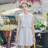 2016夏装新款韩版甜美可爱竖条纹无袖背心连衣裙衬衫式假两件套女