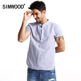 Simwood男装夏装新款修身棉麻立领短袖衬衫男士纯色修身套头衬衣
