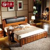 新中式真皮软靠全实木大床1.5米1.8米实木储物高箱卧室家具双人床