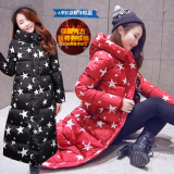 2015冬装新款韩国星星印花修身长款羽绒棉服女过膝棉衣连帽外套