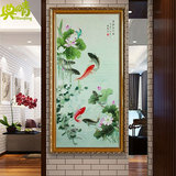 九鱼图油画手绘玄关竖立荷花挂画中式装饰画餐厅走廊门厅壁画HH46