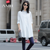 Amii[极简主义] 2016秋新款宽松大码长袖中长款白色衬衫上衣女装