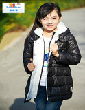 波姆熊韩版女童长款加厚棉衣儿童黑色棉服中大童冬季拉链外套连帽