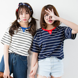 韩国ulzzang短袖T恤女夏季原宿bf风宽松卡通字母印花条纹学生衣服