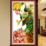 新款客厅印花十字绣客厅画竖版孔雀1.5米花开富贵牡丹花孔雀玄关