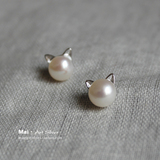 天然淡水珍珠 s925纯银耳钉猫咪简约气质甜美女防过敏日韩国耳环