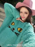 2016秋冬新款韩版女装卡通刺绣猫咪毛毛绒衫上衣宽松套头卫衣外套