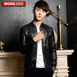 WOOG2005春装薄款男士外套 2016韩版修身青年时尚黑色皮夹克男 潮