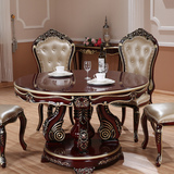 新款 欧式餐桌新古典圆桌餐桌椅1桌6人酒红描金桌子实木家具别墅