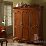 欧式实木三门衣柜 美式仿古雕花衣橱卧室整体3门衣柜简易组装衣柜