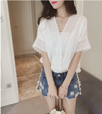 2016夏季韩版新款百搭T恤短袖纯色镂空蕾丝雪纺上衣女宽松小衫潮