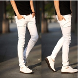 男白色牛仔裤新款时尚韩版修身小直筒加绒纯白色牛仔长裤潮流淘
