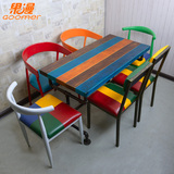 美式铁艺复古餐椅软垫 彩色实木餐桌椅西餐咖啡厅馆店桌椅组合