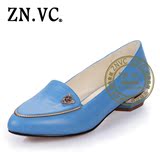 ZNVC 欧美新款纯色软牛皮平底单鞋小尖头浅口平跟女鞋船鞋0808