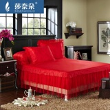 高端婚庆大红色全棉夹棉蕾丝床罩式1.8米2m双人床裙单件床上用品