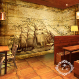 大型欧式时尚复古怀旧帆船咖啡厅背景墙壁纸立体个性餐厅墙纸壁画