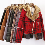 韩国冬装 pu皮麂皮加厚羊羔毛棉服外套女短款鹿皮绒 毛领格子外套