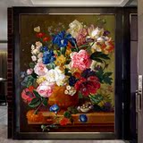 欧式油画复古典雅大型玄关过道壁画走廊尽头花卉壁纸花开富贵玫瑰