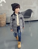 2015冬装新品韩版童装男童加绒薄棉中长款格子外套衬衫复合外衣