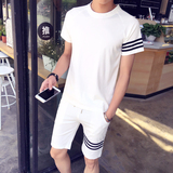韩国ulzzang东大门男装代购男短袖条纹t恤修身时尚运动休闲套装潮