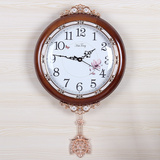 海腾欧式客厅创意挂钟爱现代简约田园钟表实木摇摆石英钟玻璃墙钟