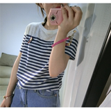 2016清凉一夏之清新海军风蓝白条纹撞色针织衫女韩版圆领休闲T恤