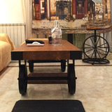 组合美式复古客厅茶几实木带轮长方形小茶桌小户型家具创意茶桌椅