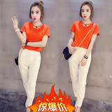 蘑菇街夏装新款韩版短袖修身T恤+哈伦裤两件套休闲运动套装女学生
