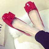 2015夏季韩国甜美蝴蝶结漆皮方头小单鞋可爱浅口平底鞋红色鞋瓢鞋