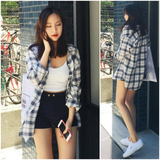2016夏季女装新款韩版宽松格子衬衫女长袖bf风中长款防晒衫学院风