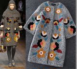 杜嘉班纳DG女装代购2015秋冬新款花朵羊毛呢走秀款大衣中长款外套