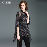 OIBEE2016夏季女装新款蝙蝠袖中长款真丝衬衫宽松A摆印花雪纺衫