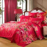 广罗家纺 贡缎提花四件套婚庆大红全棉床单被套结婚欧式床上用品