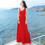 2016夏季新款女装裙子红色无袖雪纺连衣裙波西米亚长裙度假沙滩裙