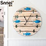 Snnei 地中海创意挂钟 复古做旧木质壁钟墙钟 客厅个性圆形钟表