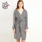 Haoduoyi2016夏装新款 欧美风性感V领系带收腰 前开衩条纹连衣裙