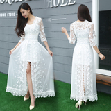 2016韩版夏季新款女装立体绣花蕾丝大裙摆修身长款两件套连衣裙潮