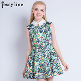 杰西莱jessy line2016春装新款杰茜莱正品复古印花收腰显瘦连衣裙