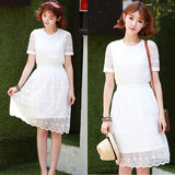 森女日系收腰短袖甜美白色仙女蕾丝连衣裙夏装韩版学生中长款裙子